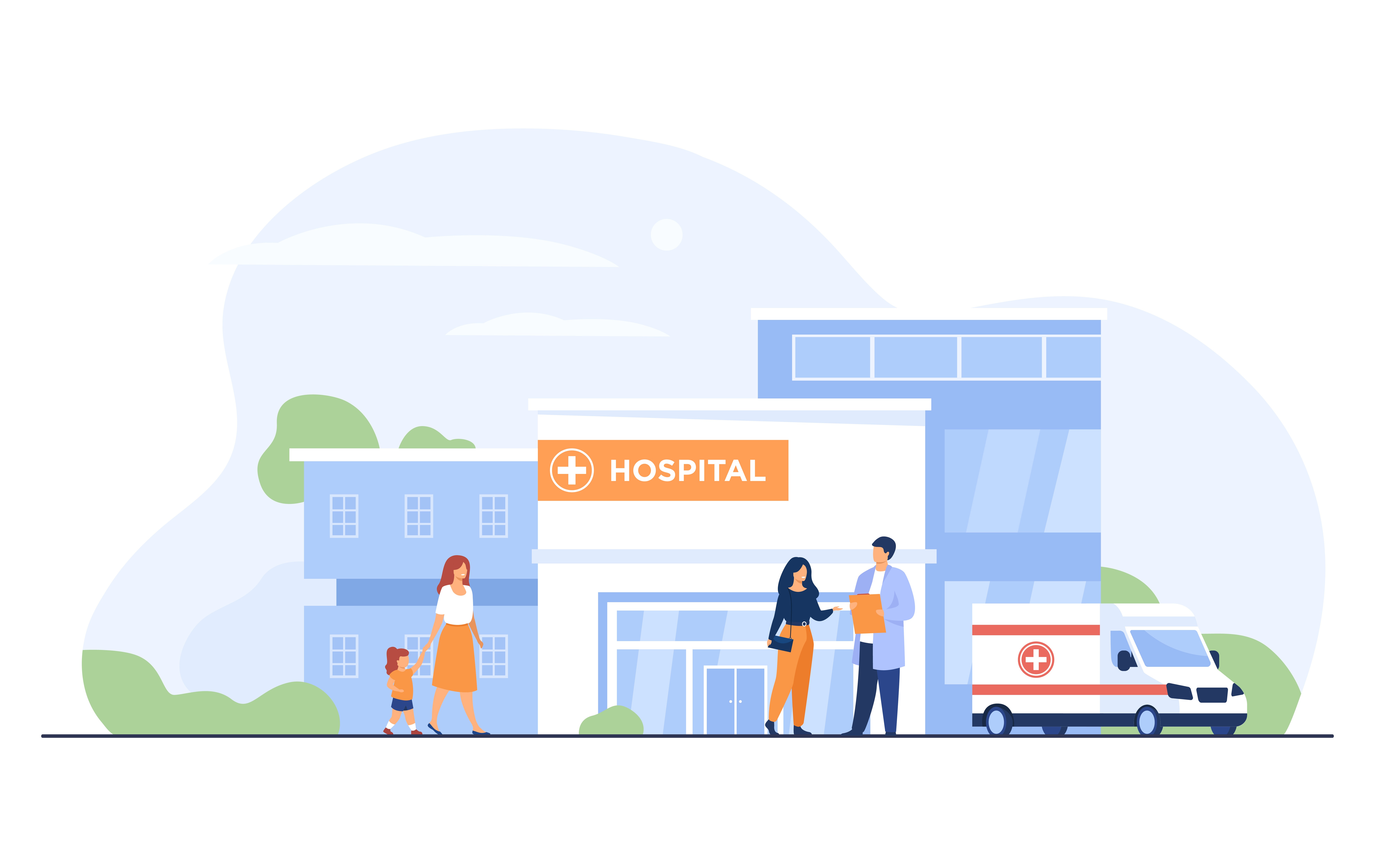 City hospital building. Patient talking to doctor at entrance, ambulance car parked at clinic. Can be used for emergency, medical care, health center concept