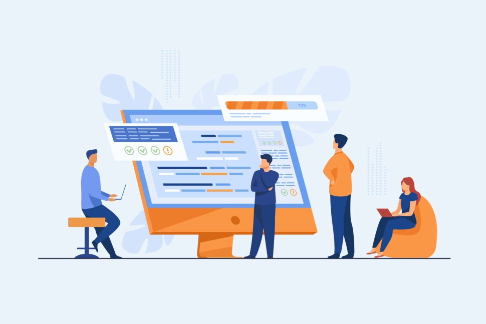 Software developers coding on computer with script. Coding, engineering, interface design flat vector illustration. Programming concept for banner, website design or landing web page