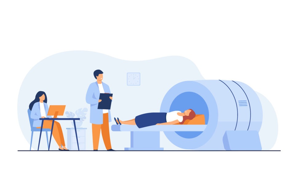 Medical examination and diagnosis concept. Doctor scanning patient brain, using medical tomography machine for diagnosis oncology disease. Can be used for hospital, radiology, technology topics
