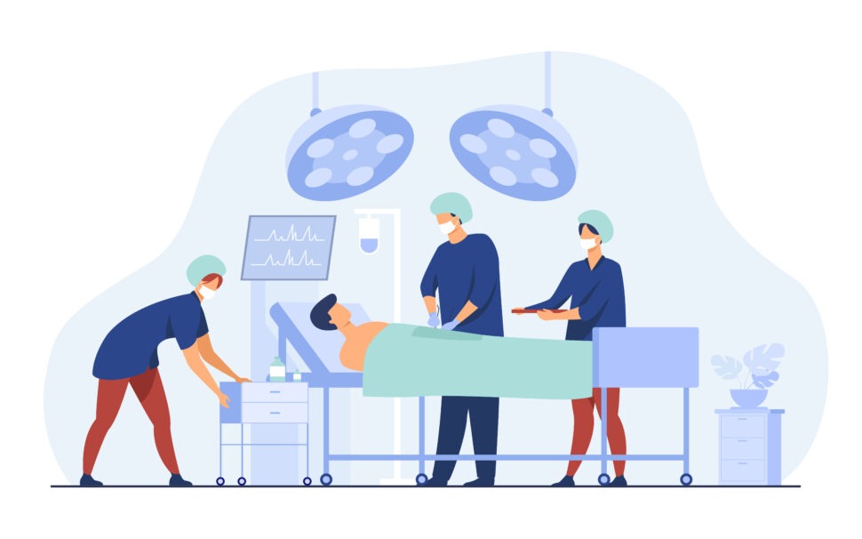 Surgeons team surrounding patient on operation table flat vector illustration. Cartoon medical workers preparing for surgery. Medicine and technology concept