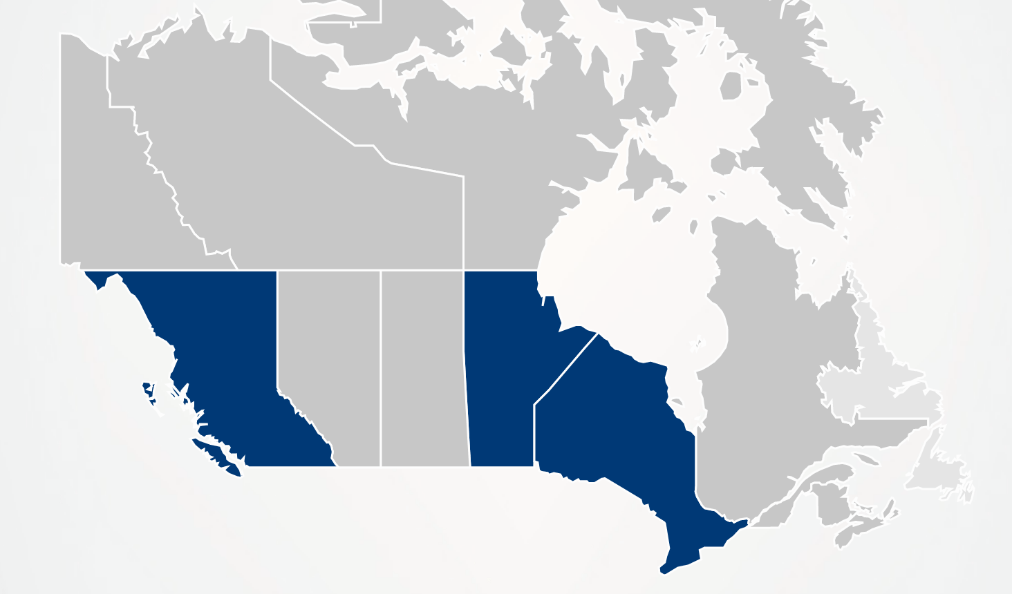 Map of Canada with British Columbia, Manitoba, and Ontario highlighted, indicating where CMEPP participants are located across the country